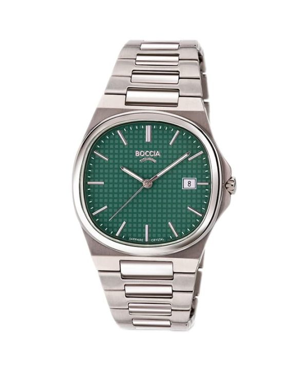 Boccia Titan 3657-03 herreklokke i titan med grønn urskive, dato og safirglass.