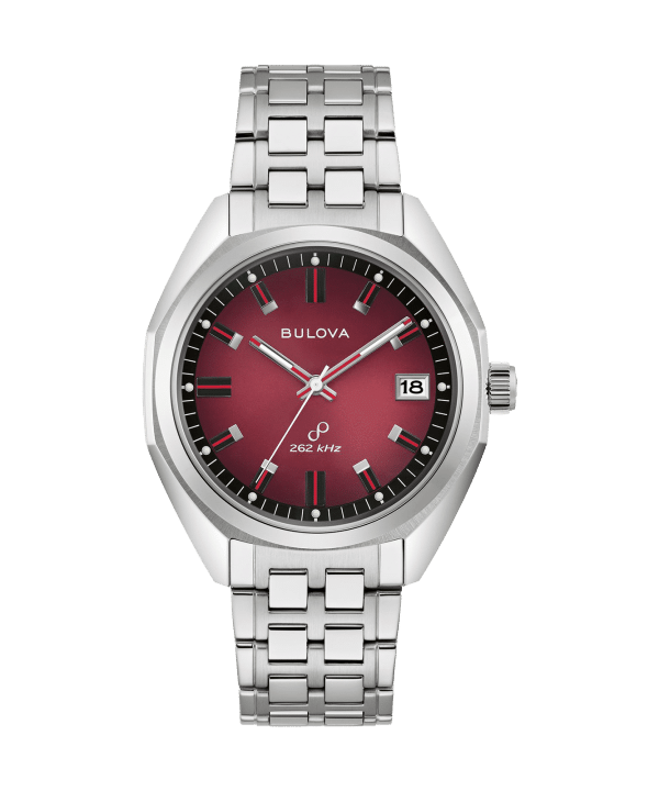 Bulova 96B401 herreklokke med burgunderrød urskive, sølvfargede detaljer og lenke i rustfritt stål