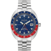 Bulova 96B405 herreklokke med blå urskive, rød og blå bezel med 24 timers markeringer, sølvfarget lenke og automatisk urverk sett rett forfra