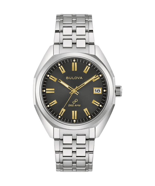 Bulova 96B415 herreklokke med sort urskive, gullfargede markører og lenke i sølvfarget stål