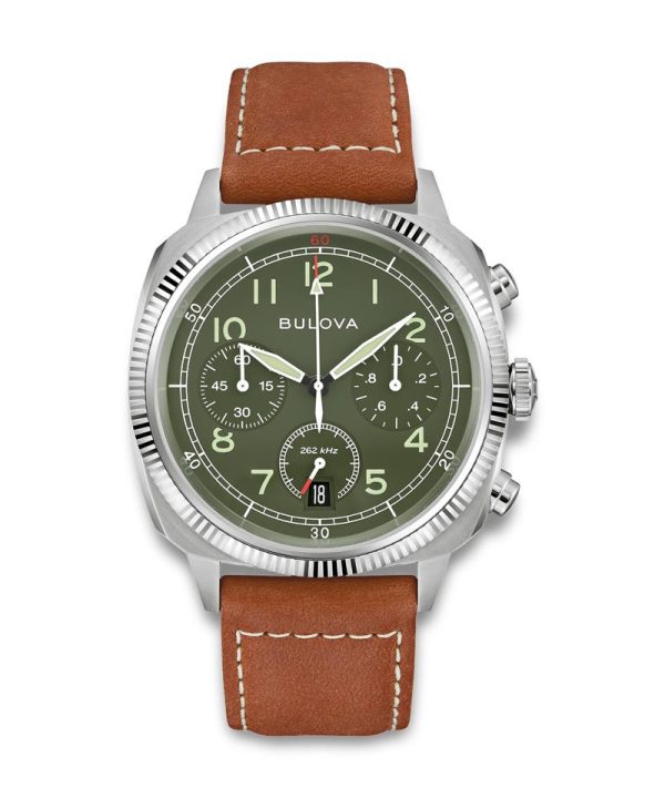 Bulova Military VW1 Chronograph 43mm - 96B482 med grønn skive, chronograph underskiver og brun skinnrem