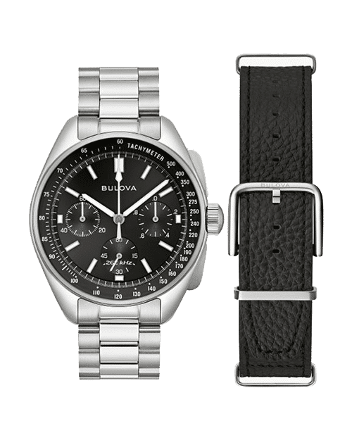 bulova lunar pilot 96k111 med stållenke og ekstra sort skinnrem