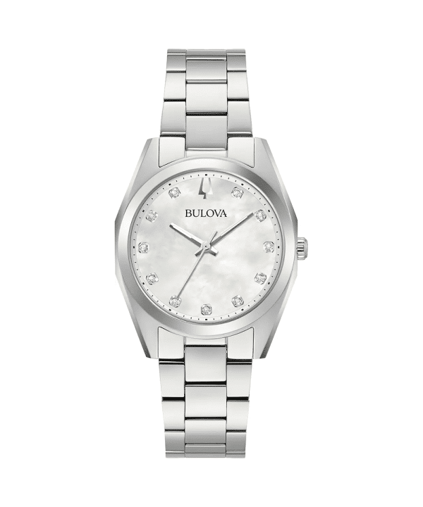Bulova Classic Surveyor 96P228 dameklokke med perlemorskive, diamanter og stållenke.​