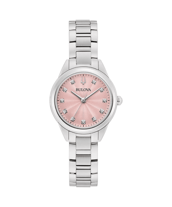 Bulova 96P249 dameklokke med rosafarget urskive, diamantmarkører og sølvfarget stållenke sett forfra