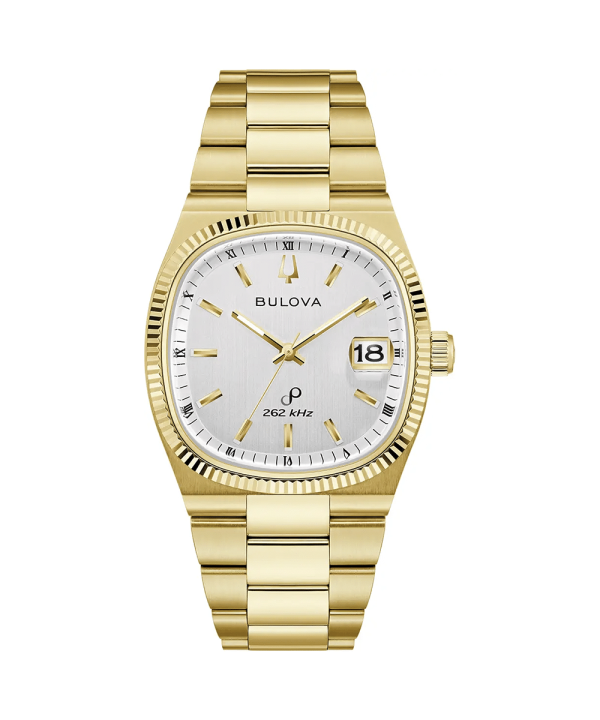 Bulova Super Seville 97B223 herreklokke med sølvhvit skive, gulltonet rustfritt stål og integrert lenke.