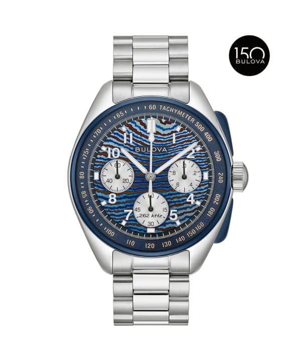 Bulova Lunar Pilot Timascus 43.5mm 98A329 kronograf med blå urskive, safirglass og stållenke inspirert av Apollo 15