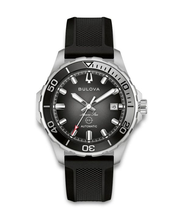 Bulova Marine Star Series B Classic Automatic 43mm - 98B465 med mørk skive, sort bezel og sort silikonrem