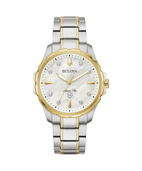 Bulova Marine Star 98P227 dameklokke med perlemorskive, diamantindekser og to-tonet stållenke.​