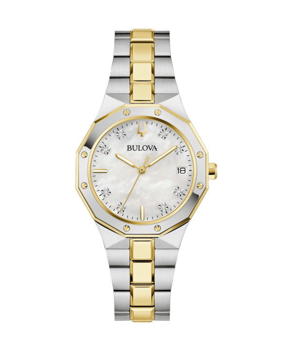 Bulova 98P234 dameklokke med hvit perlemorskive, åtte diamantmarkører, gullfargede detaljer og lenke i sølv og gull sett forfra