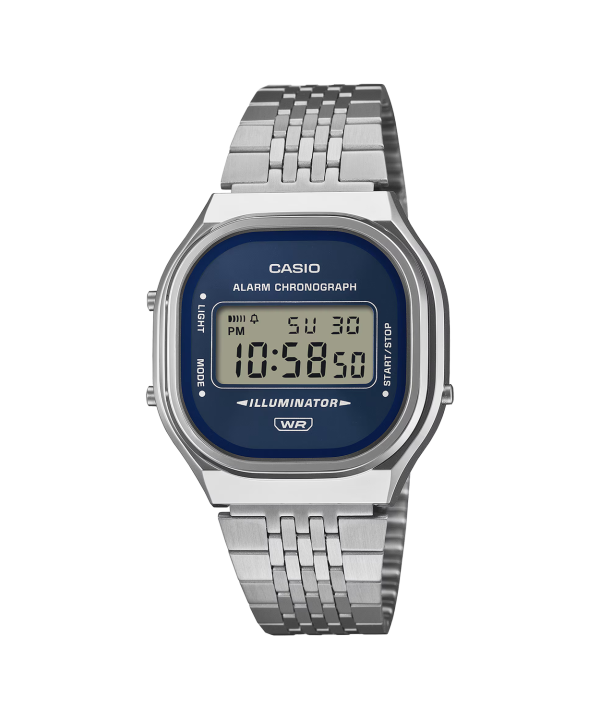 Casio Vintage A140WE-2AEF digital klokke med mørkeblå urskive og sølvfarget lenke i rustfritt stål.