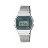 Casio Vintage A158WEM-3EF digital klokke med grønne detaljer, LCD display og sølvfarget Milanese lenke i rustfritt stål.