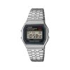Casio Vintage A159WE-1EF digital unisexklokke med sort front, LCD display og sølvfarget lenke i rustfritt stål.