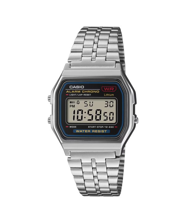 Casio Vintage A159WE-1EF digital unisexklokke med sort front, LCD display og sølvfarget lenke i rustfritt stål.