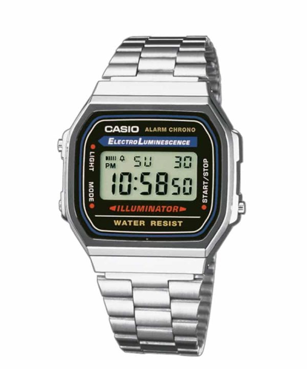 Casio A168WA 1YES digital klokke med sølvfarget lenke og rektangulær skjerm