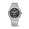 Maurice Lacroix Aikon AI1118-SS002-430-2 herreklokke med sort urskive, tre kronografskiver, datovisning, sølvfargede visere og lenke i børstet stål sett forfra