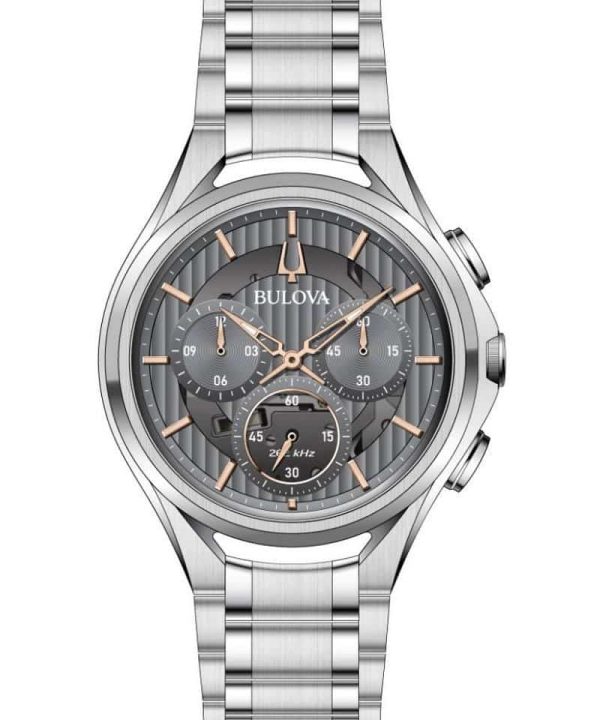Bulova Curv 96A298 kronograf herreklokke i rustfritt stål med grå urskive, roségull-tonede visere og buet safirglass.