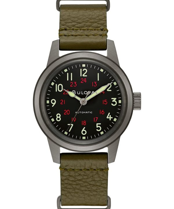 Bulova 98A255 herreklokke med sort urskive, røde og hvite tall og grønn tekstilrem