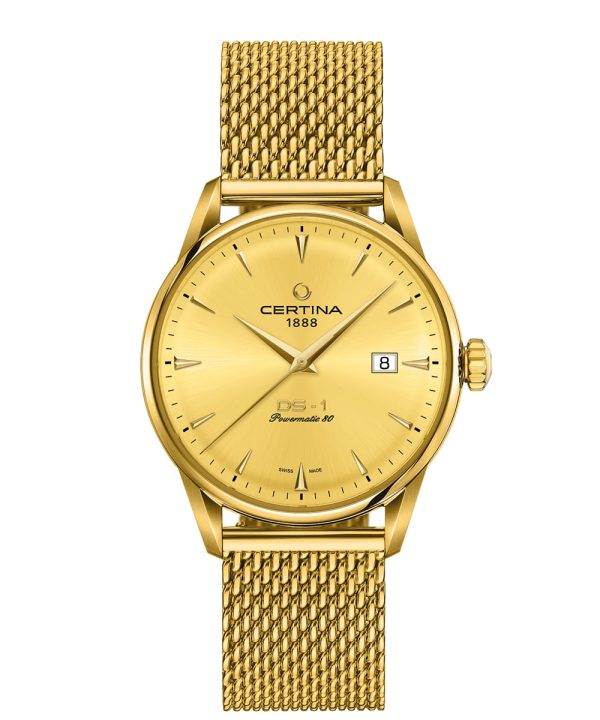 Certina DS-1 C029.807.33.361.00 automatisk herreklokke i gull med mesh-lenke og gullfarget urskive