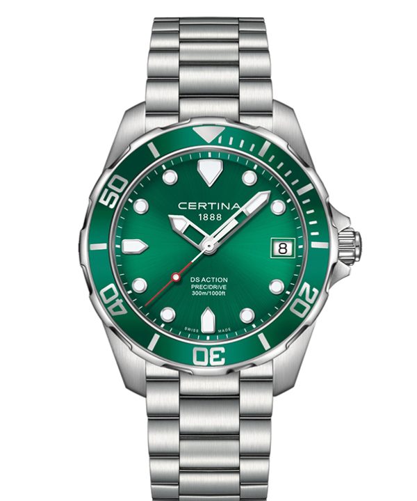 Certina DS Action C032.410.11.091.00 med grønn skive, grønn dykkerbezel, 300 meters vanntetthet og stållenke
