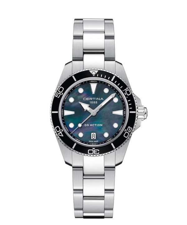 Certina DS Action dameklokke C048.210.11.121.00 med blå perlemorskive og sort bezel
