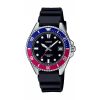 Casio Timeless MDV-10-1A2VEF klokke med sort urskive, blå og rød dreibar bezel, datovisning og sort resinrem.
