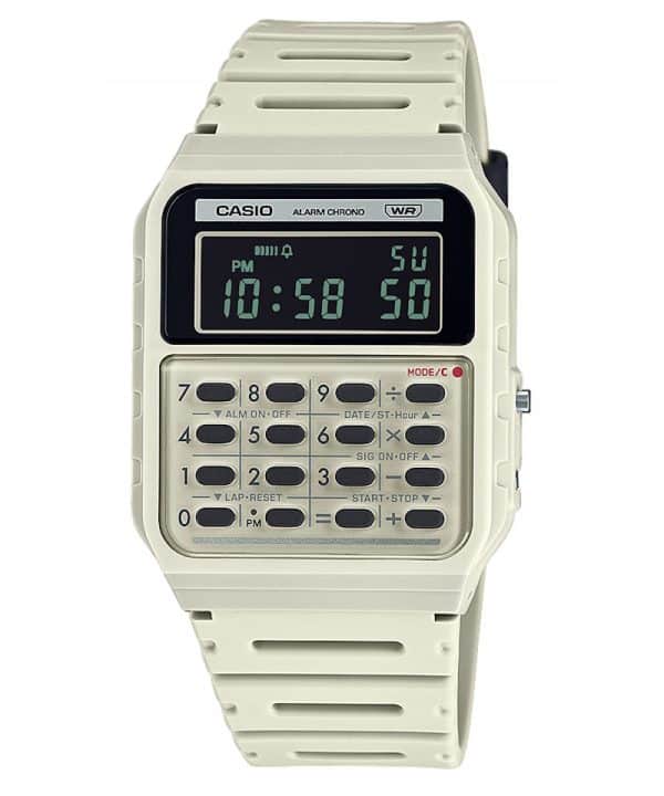 Casio_Vintage_CA-53WB-8BEF i hvit med sort skjer og sorte knapper