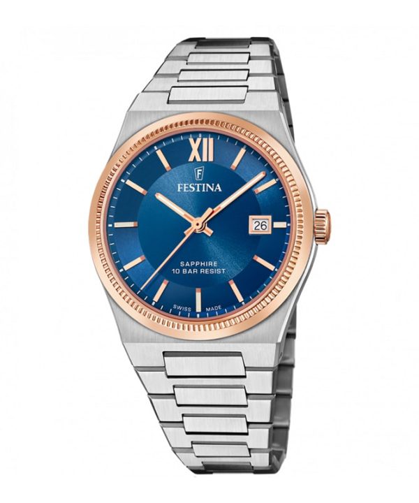 Festina Swiss Made Rivé Blue F20036-2 herreklokke i stål med blå urskive, roségullfarget bezel og safirglass.