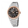 Festina Swiss Made Rivé Black F20036-3 herreklokke i stål med roségullfarget bezel, sort urskive og safirglass.