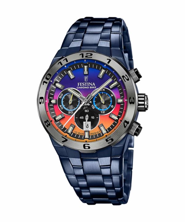 Festina Chrono Bike F20709-1 herreklokke 45 mm i blått stål med flerfarget urskive, kronograf og mineralglass.