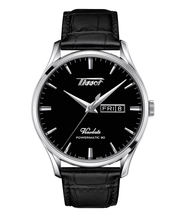 Tissot Heritage Visodate Powermatic 80 42mm T118.430.16.051.00 med sort skive, dag og datovisning, stålkasse og sort lærrem