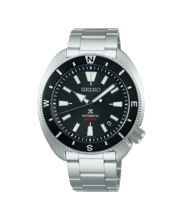 Seiko Prospex SRPH17K1 Tortoise landklokke i stål med sort urskive, kompassbezel og safirglass.