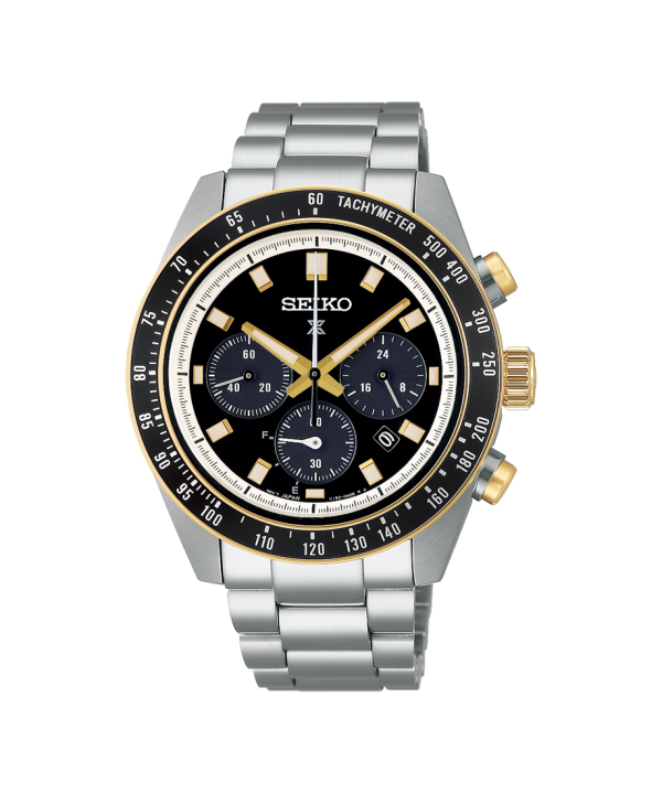 Seiko Prospex Speedtimer SSC941P1 kronograf med sort tallskive, gullfargede detaljer og tachymeterskala