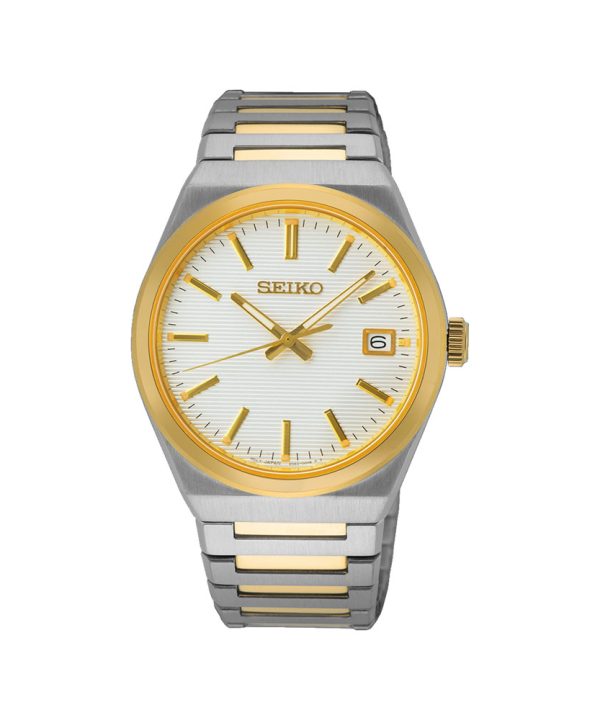Seiko Essential Time SUR558P1 med lys strukturert skive, gullfargede detaljer og to tonet lenke