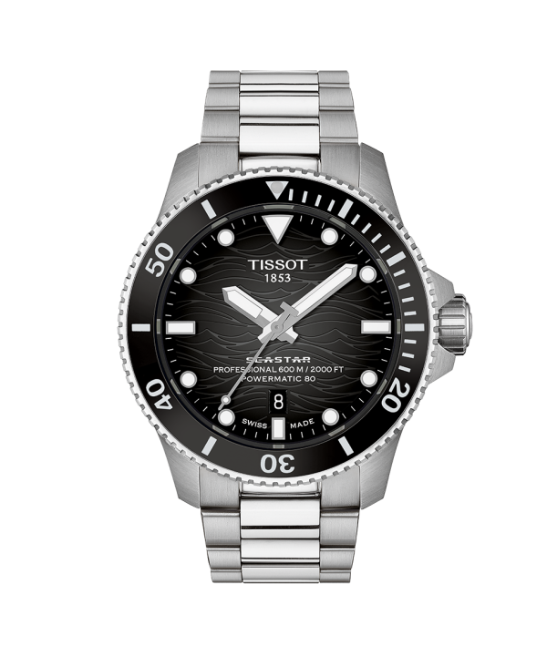 Tissot Seastar 2000 T120.907.11.051.00 med sort gradientskive, keramisk dykkerbezel, datovisning ved klokken 6, heliumventil og stållenke sett forfra.