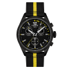 Tissot PR 100 Tour de France 2026 T150.417.37.057.00 herreklokke med sort strukturert skive, kronograf, sort PVD belagt stålkasse og sort tekstilrem med gul stripe.